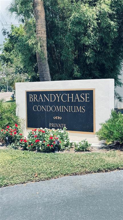 A sign for Brandy Chase Condominiums stands in front of green landscaping and trees — 4315 AEGEAN DRIVE UNIT 148C, TAMPA, FL