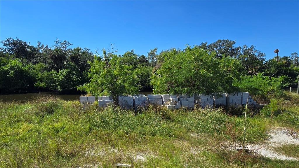 A stack of concrete blocks sits in a grassy field near a tree-lined waterway — 9919 BAY DRIVE, GIBSONTON, FL