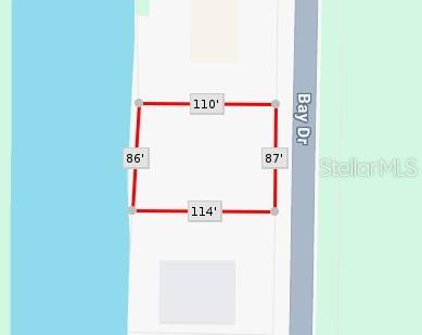 This is a map showing the property boundaries and dimensions of a waterfront lot — 9919 BAY DRIVE, GIBSONTON, FL