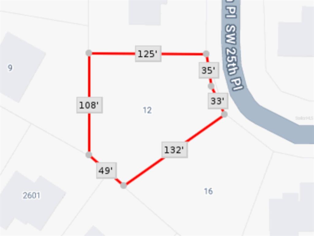This is a map showing the property lines and dimensions of a residential lot — 12 SW 25TH PLACE, CAPE CORAL, FL