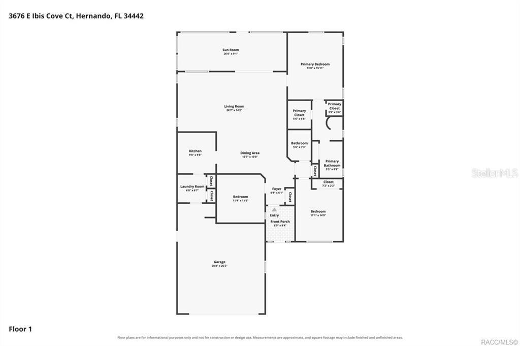 This is a floor plan showing the layout of a single-story residential home — 3676 E IBIS COVE COURT, HERNANDO, FL