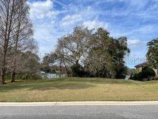 A vacant, grassy residential lot features mature trees and a view of a lake — 413 W BLUE WATER EDGE DRIVE, EUSTIS, FL