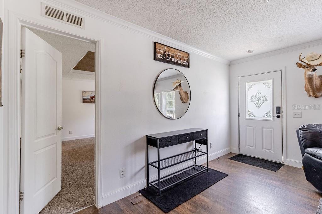 A living room features a dark leather sectional, a gray rug, and several deer head mounts — 24821 OLD DEER ROAD, PAISLEY, FL