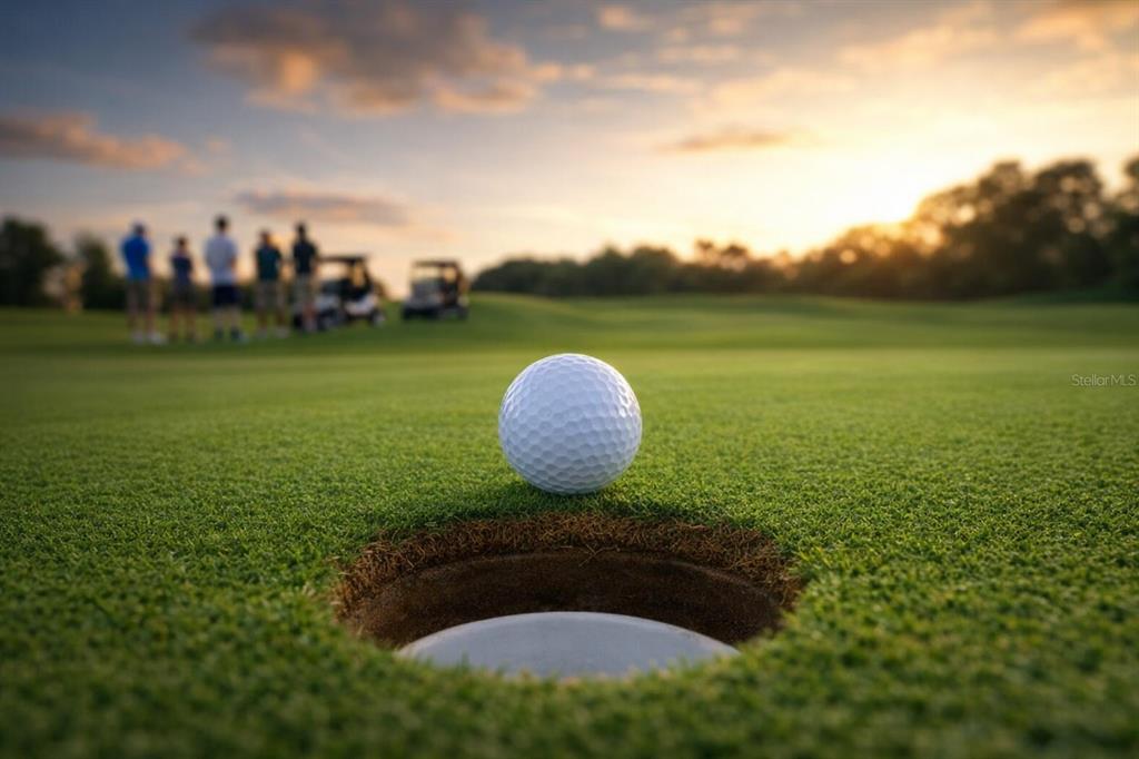 A golf ball sits on the green edge of a hole on a golf course — 8032 PINE HOLLOW DRIVE, MOUNT DORA, FL