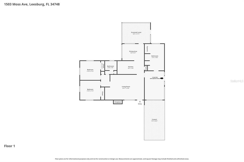 This is a floor plan of a single-story house featuring a carport and screened lanai — 1503 MOSS AVENUE, LEESBURG, FL