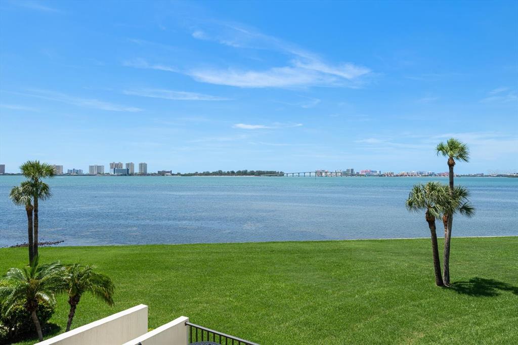 A view of a grassy lawn, palm trees, and a bay with a distant bridge — 50 COE ROAD UNIT 123, BELLEAIR, FL