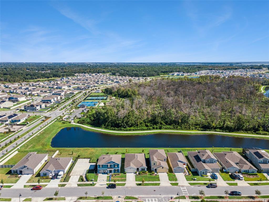 An aerial view shows a suburban neighborhood with houses bordering a pond and wooded area — 2009 MYRTLE PINE STREET, KISSIMMEE, FL