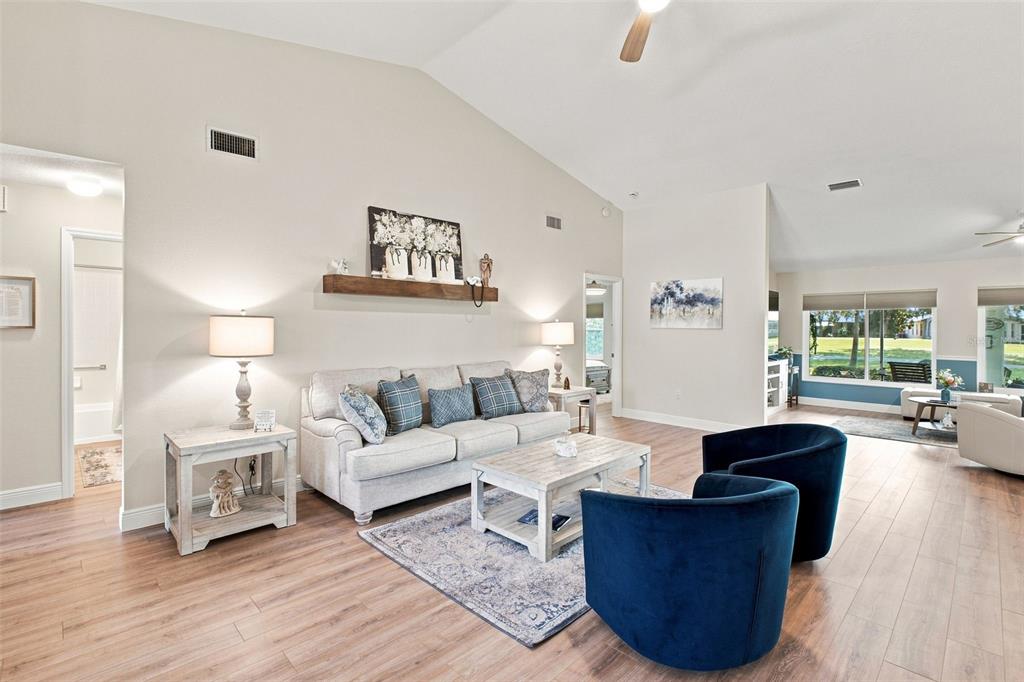 A living room features a beige sofa, two navy blue armchairs, and light wood flooring — 1236 FLORA VISTA STREET, TRINITY, FL