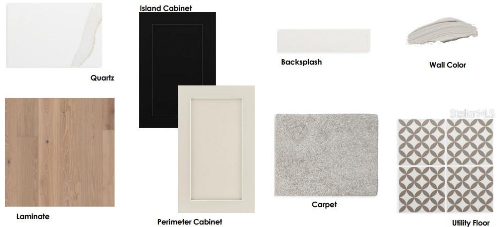 This rendering displays the material finishes for an owner's bathroom, including cabinets, quartz, and tiles — 3627 BOBOLINK LANE, ORLANDO, FL