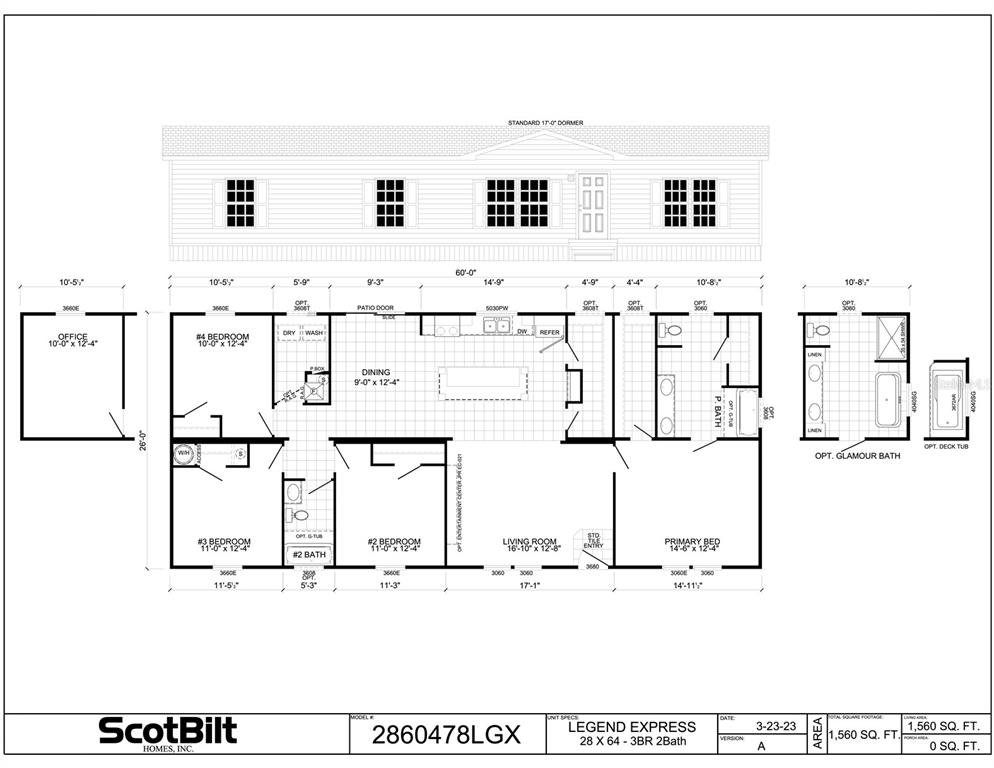 This is a floor plan for a three-bedroom, two-bathroom manufactured home with an optional glamour bath — 16918 NW 264TH STREET, OKEECHOBEE, FL