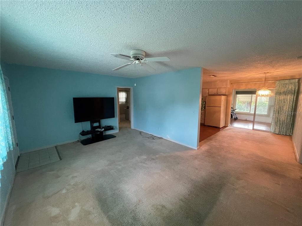 A living room with light blue walls, beige carpeting, a ceiling fan, and a television — 635 DEVILLE DRIVE E, LARGO, FL