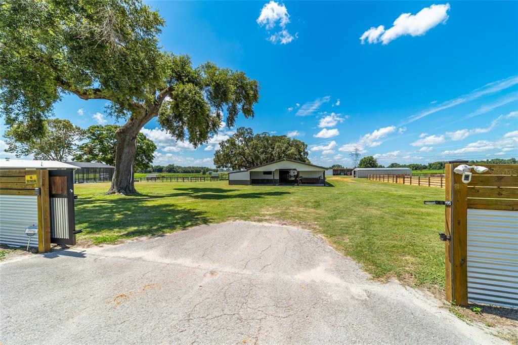 A gravel driveway leads through an open gate toward a barn on a grassy lot — 1231 NW 102ND BOULEVARD, WILDWOOD, FL