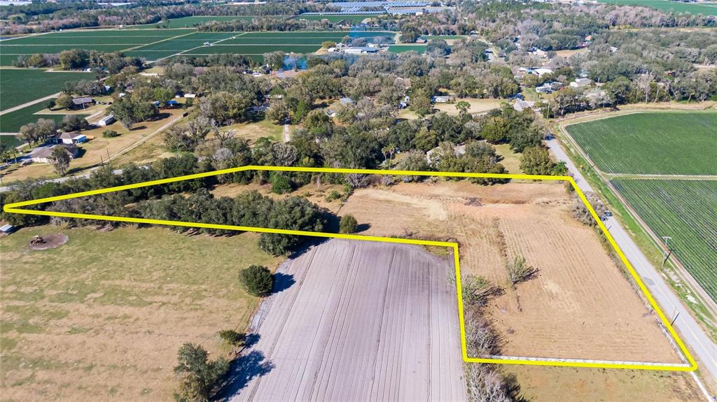 An aerial view shows a large, L-shaped plot of land outlined in yellow — S. FORBES ROAD, DOVER, FL