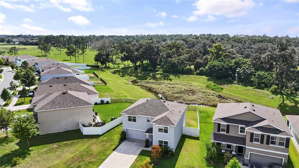 An aerial view shows suburban houses with backyards bordering a small pond and wooded area — 13695 WINEBERRY DRIVE, DADE CITY, FL