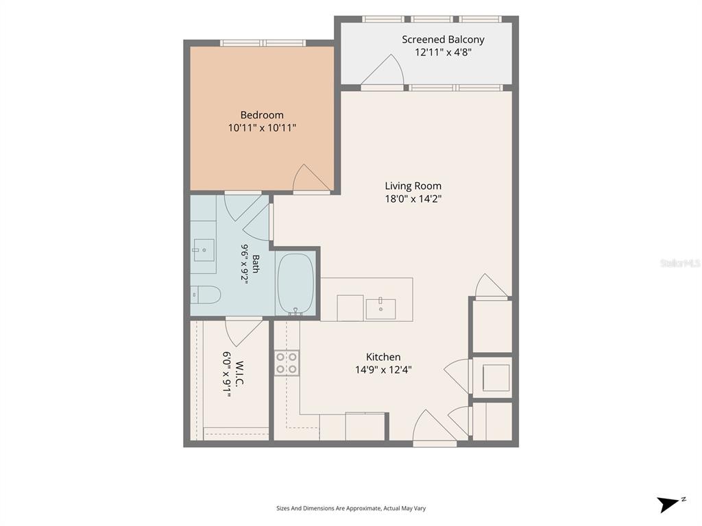 This is a floor plan for a one-bedroom apartment with a kitchen, bath, and balcony — 1700 RANCH ROAD UNIT A3-2116, NOKOMIS, FL