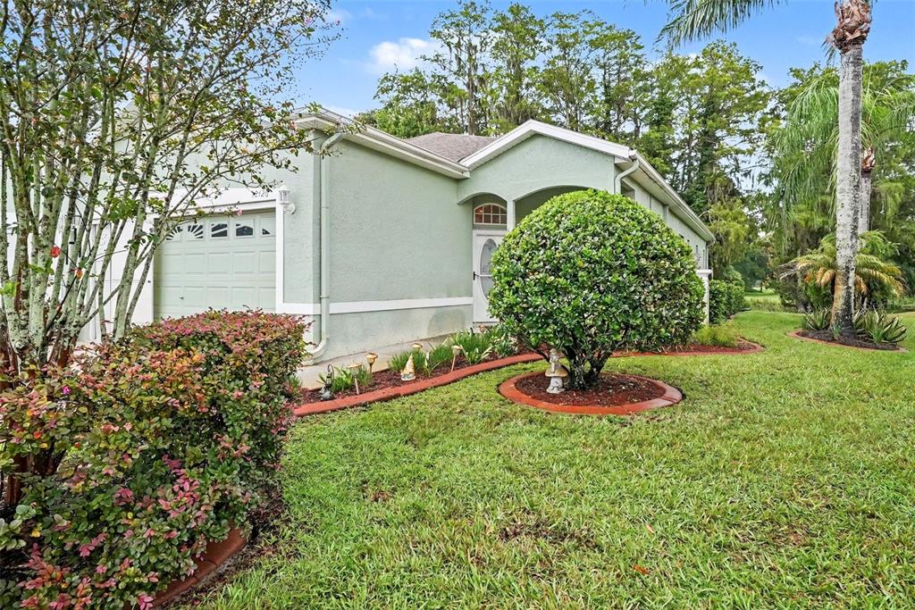 A light green house with a garage, a manicured shrub, and a palm tree outside — 12126 TOURNAMENT VIEW AVE, NEW PORT RICHEY, FL