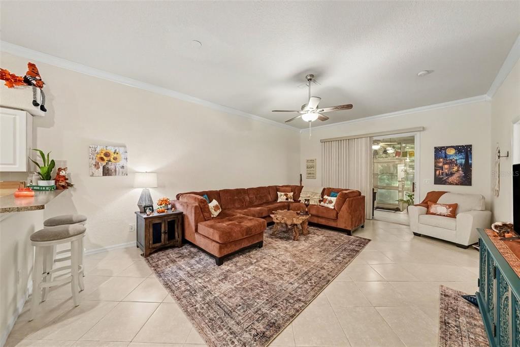 A living room features a brown sectional sofa, a patterned area rug, and tile flooring — 12126 TOURNAMENT VIEW AVE, NEW PORT RICHEY, FL