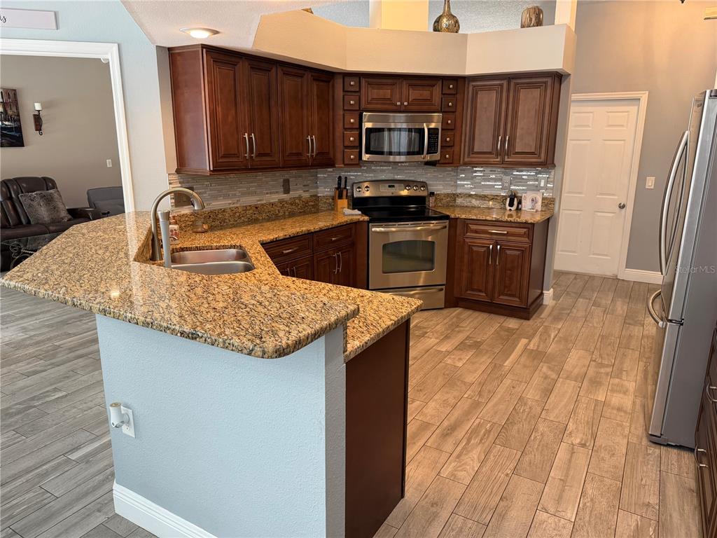A kitchen features dark wood cabinets, granite countertops, stainless steel appliances, and wood-look tile flooring — 1616 KINSMERE DRIVE, TRINITY, FL