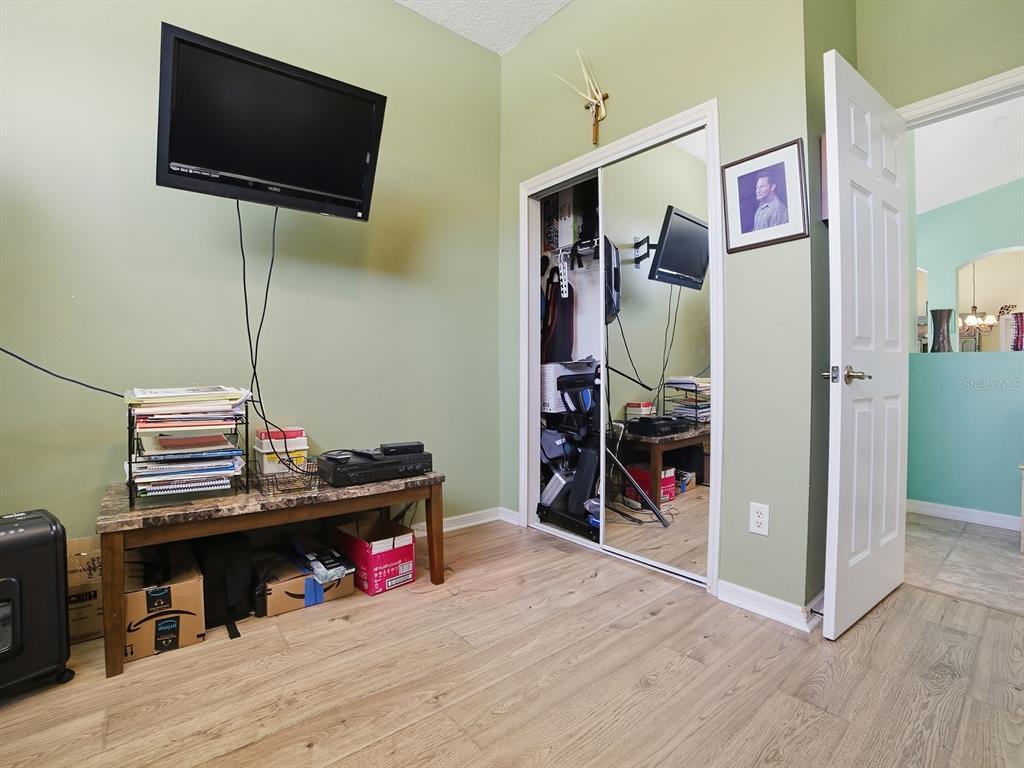A room with light green walls, wood-look flooring, a wall-mounted television, and mirrored closet doors — 24511 BOCAGE WAY, LEESBURG, FL