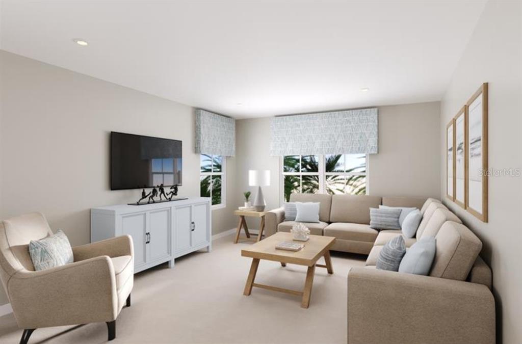 This is a digital rendering of a living room featuring a sectional sofa and television — 8476 SWAN VIEW CIRCLE, LEESBURG, FL