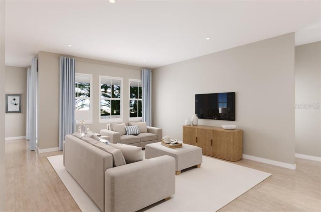 This is a digital rendering of a living room featuring neutral furniture and light flooring — 8476 SWAN VIEW CIRCLE, LEESBURG, FL