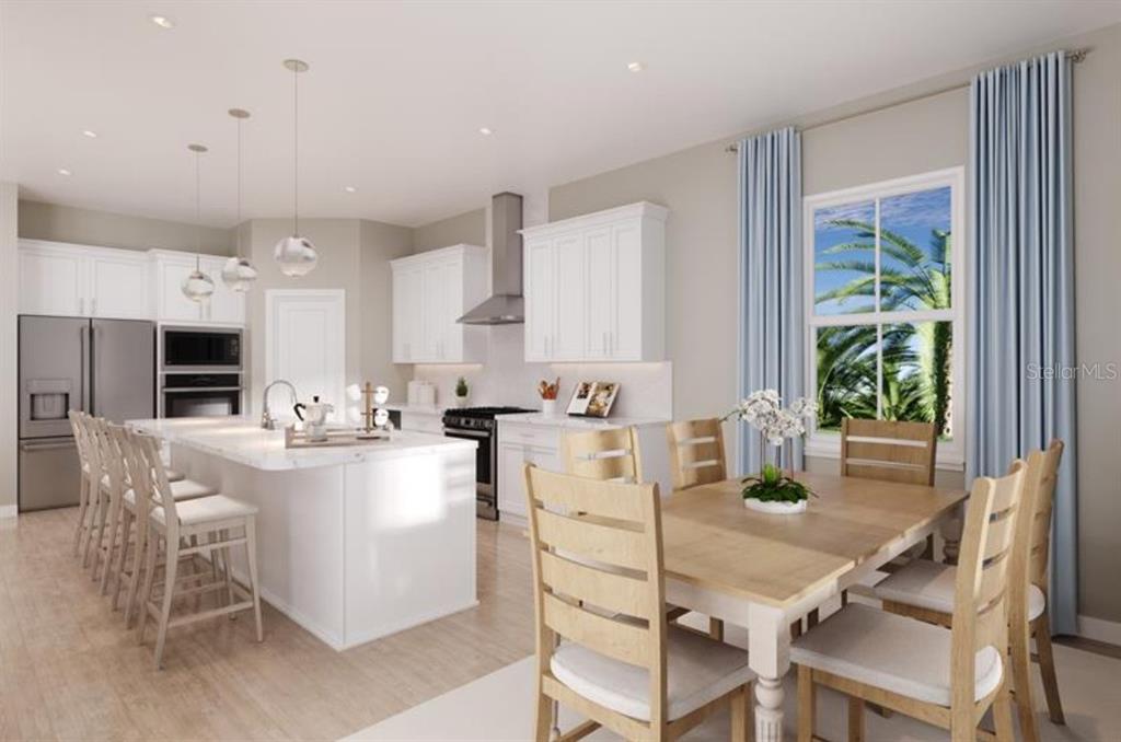 This rendering shows a kitchen and dining area with white cabinets, an island, and wood furniture — 8476 SWAN VIEW CIRCLE, LEESBURG, FL