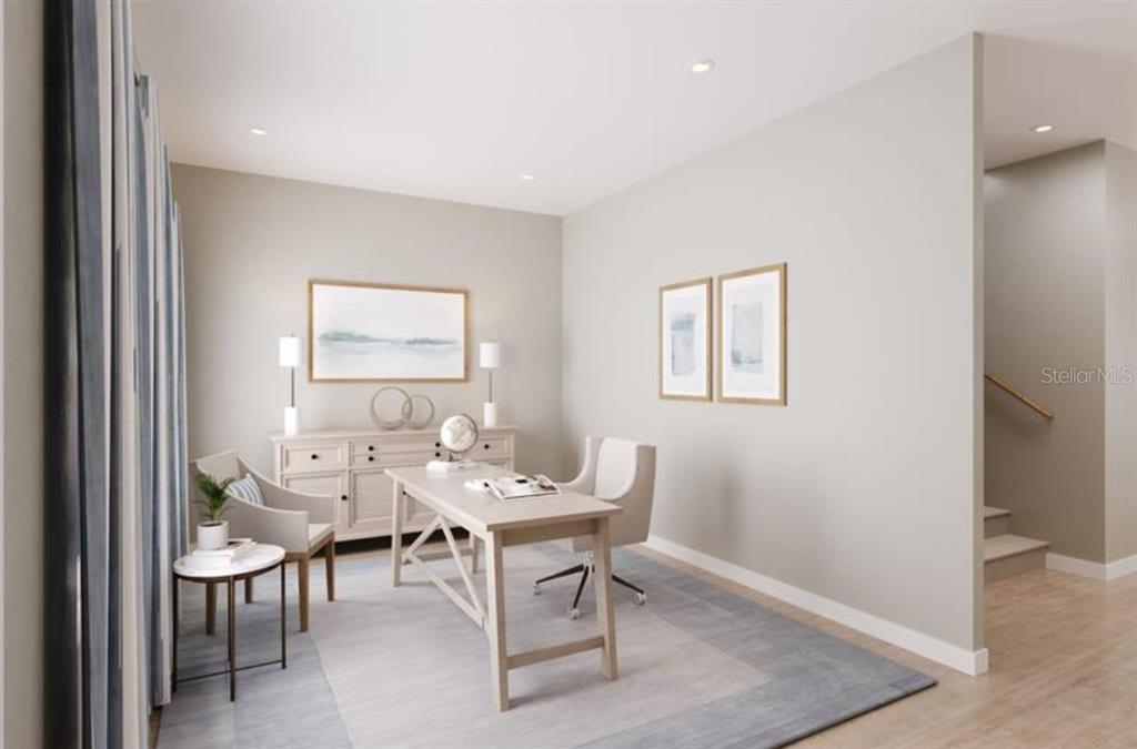 This is a digital rendering of a home office featuring a desk, chairs, and artwork — 8476 SWAN VIEW CIRCLE, LEESBURG, FL