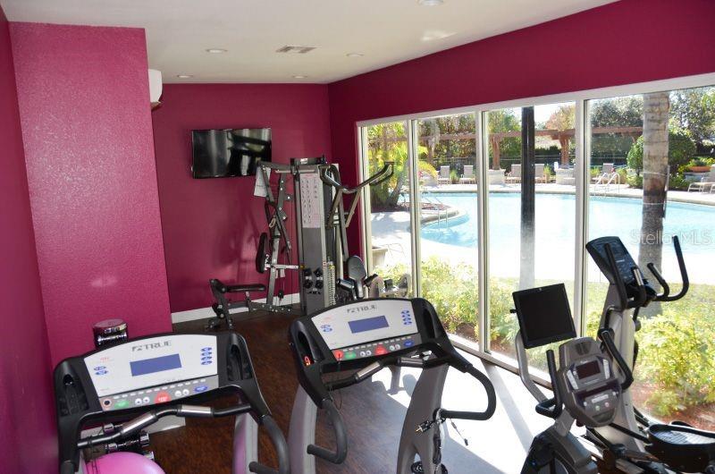 A fitness room features exercise equipment, magenta walls, and floor-to-ceiling windows overlooking a swimming pool — 8953 SHINE DRIVE, KISSIMMEE, FL