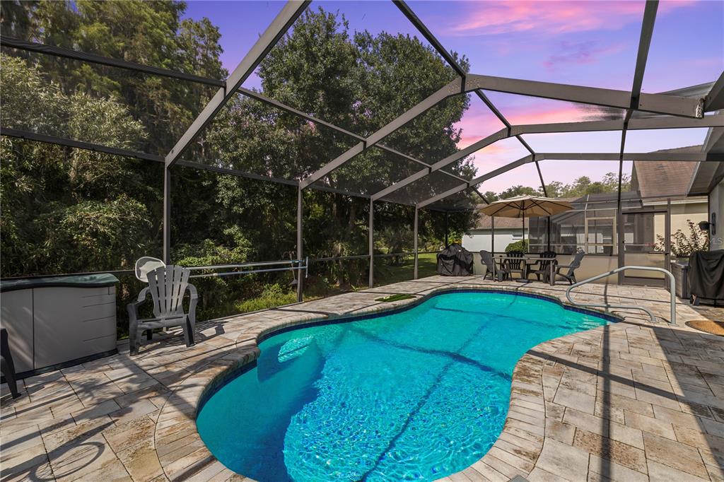 A screened-in pool area with a paver deck, patio furniture, and a hot tub — 30923 IVERSON DRIVE, WESLEY CHAPEL, FL