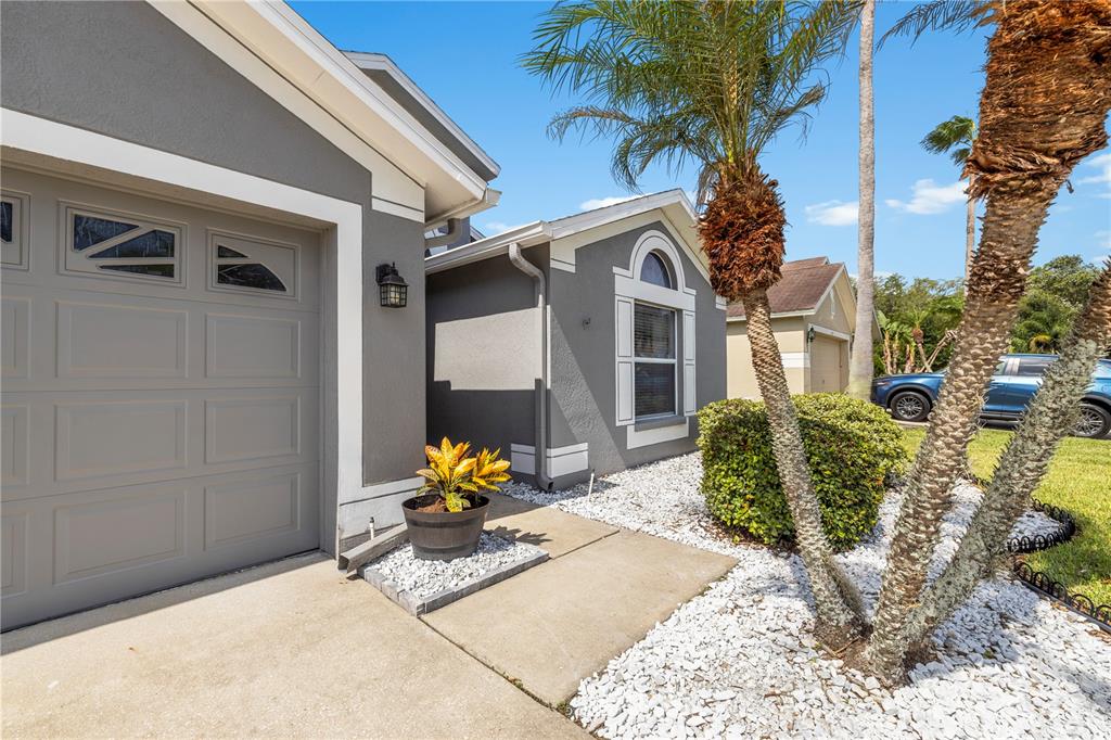 A gray house exterior features a garage, a window with shutters, and palm trees — 30923 IVERSON DRIVE, WESLEY CHAPEL, FL
