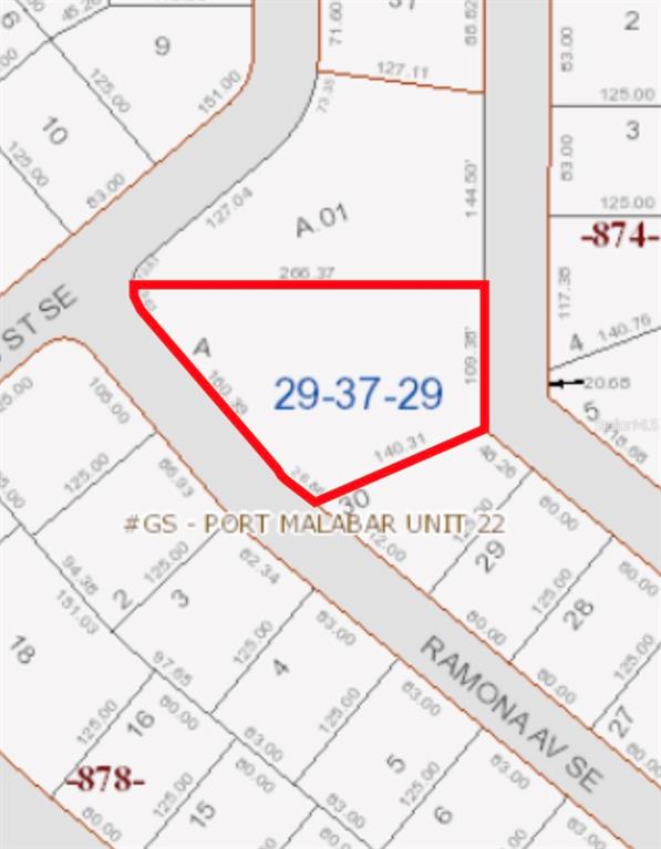 This is a property map showing a highlighted parcel of land in a residential subdivision — 2315 RAMONA AVENUE SE, PALM BAY, FL