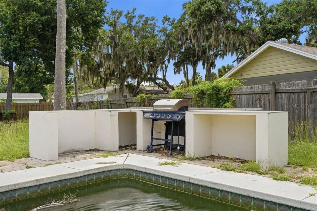 A portable grill sits between two concrete counters next to a green, neglected swimming pool — 5202 RIVERSIDE DRIVE, PORT ORANGE, FL
