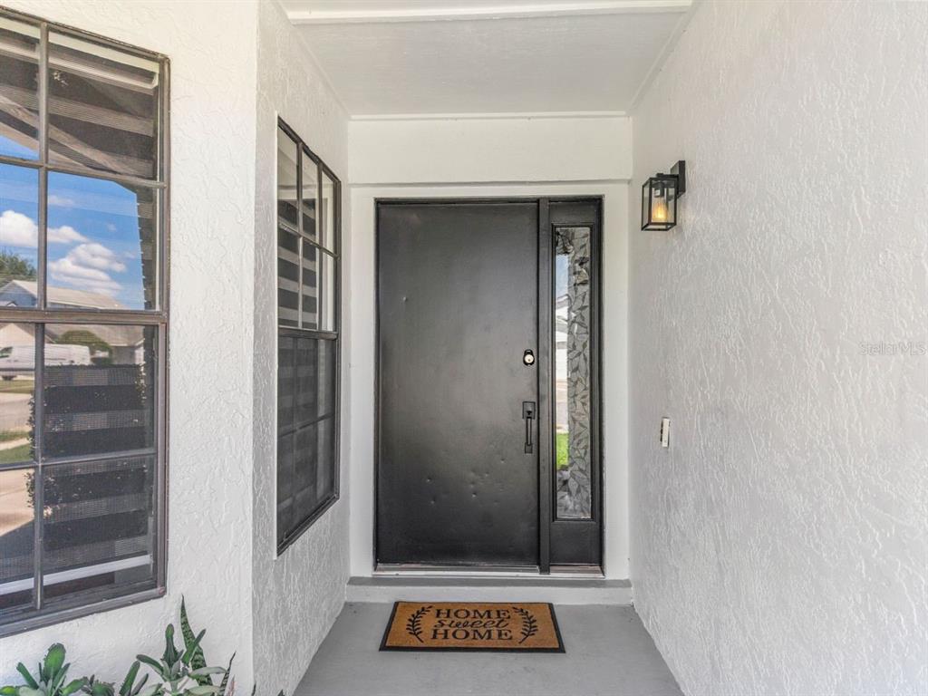 A front entryway features a black door with a side window and a welcome mat — 3038 WOOLRIDGE DRIVE, ORLANDO, FL