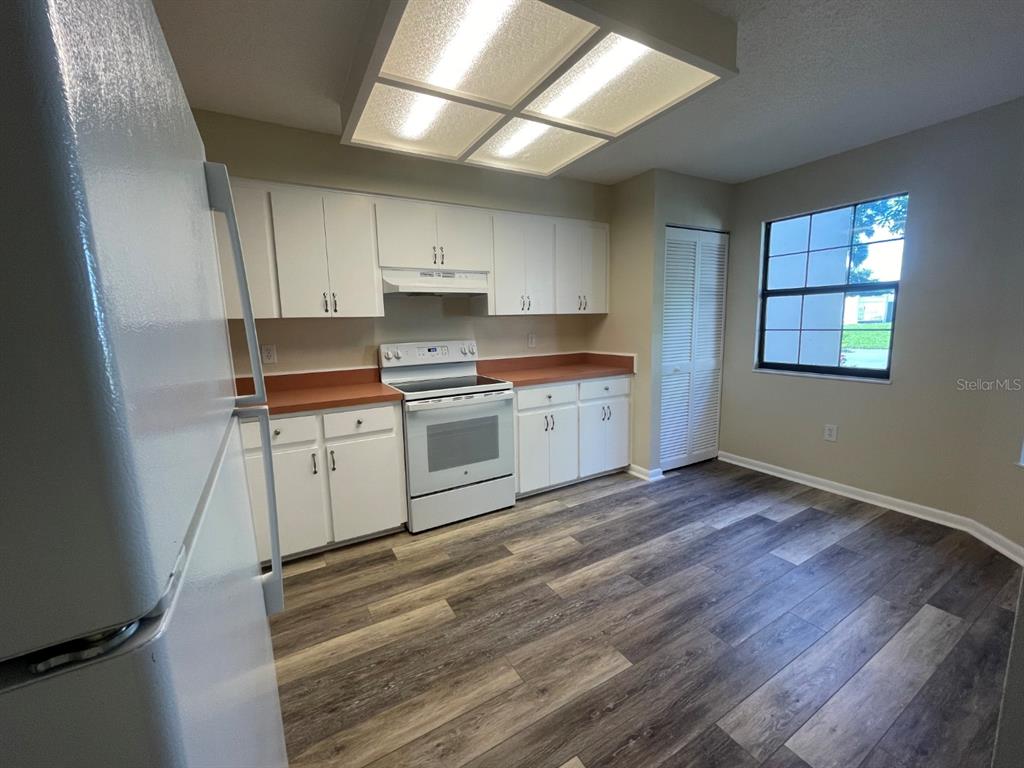 A kitchen features white cabinets, a white stove, reddish countertops, and wood-look flooring — 6793 E DOWNING STREET, INVERNESS, FL