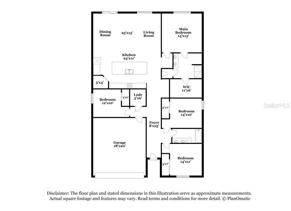This is a floor plan showing a house with a garage, kitchen, and four bedrooms — 1026 OAK VALLEY DRIVE, AUBURNDALE, FL