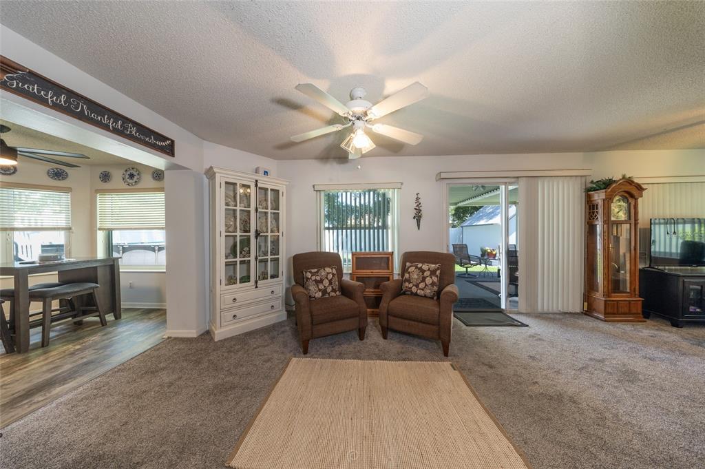 A living room features gray carpeting, two brown armchairs, a white cabinet, and a ceiling fan — 6 BOXWOOD LANE, PALM COAST, FL