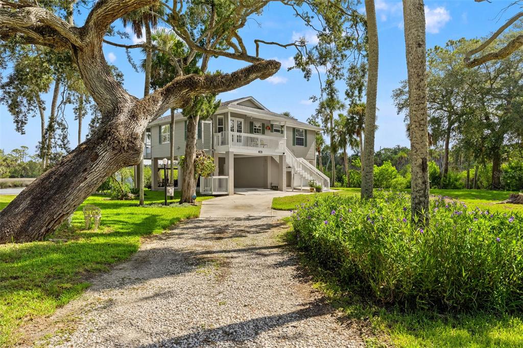 A stilt house with a gravel driveway and large oak trees in a grassy yard — 5350 FELKER DRIVE, WEEKI WACHEE, FL