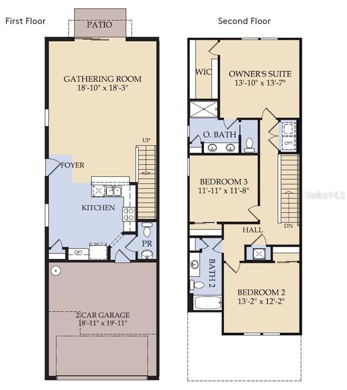 This floor plan shows a two-story home with a garage, kitchen, gathering room, and three bedrooms — 4357 JETTY LANE NE, PALM BAY, FL