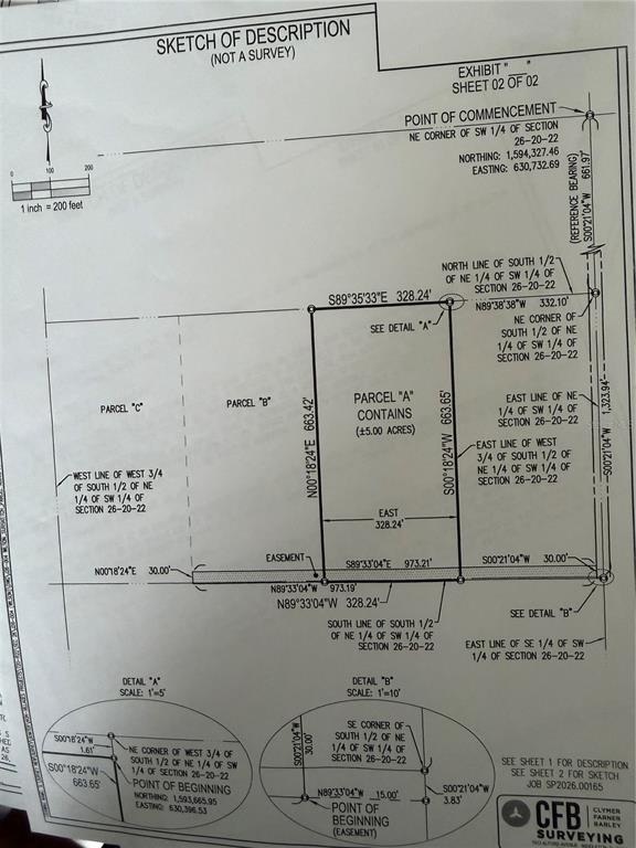 This is a survey sketch showing the legal description and dimensions of Parcel A — PARCEL "B" CR 543, SUMTERVILLE, FL