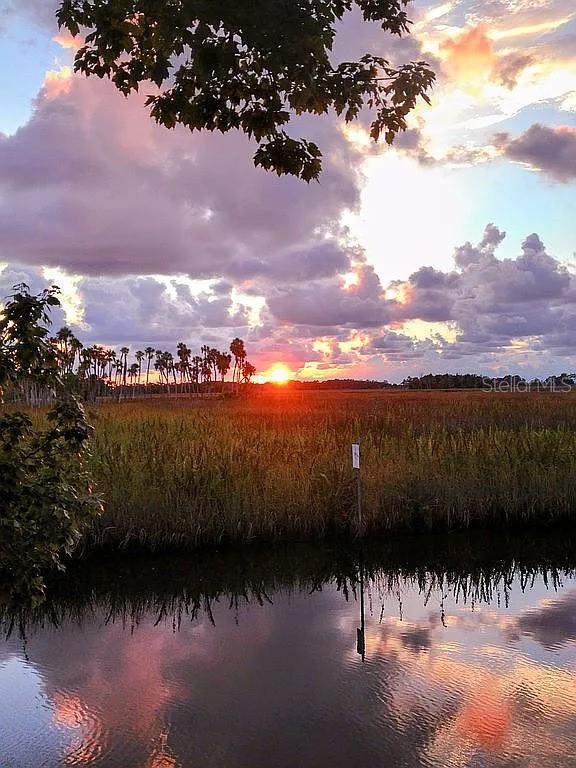A sunset illuminates a marshland landscape with palm trees and a reflective body of water — 5243 TROPICAL POINT, WEEKI WACHEE, FL