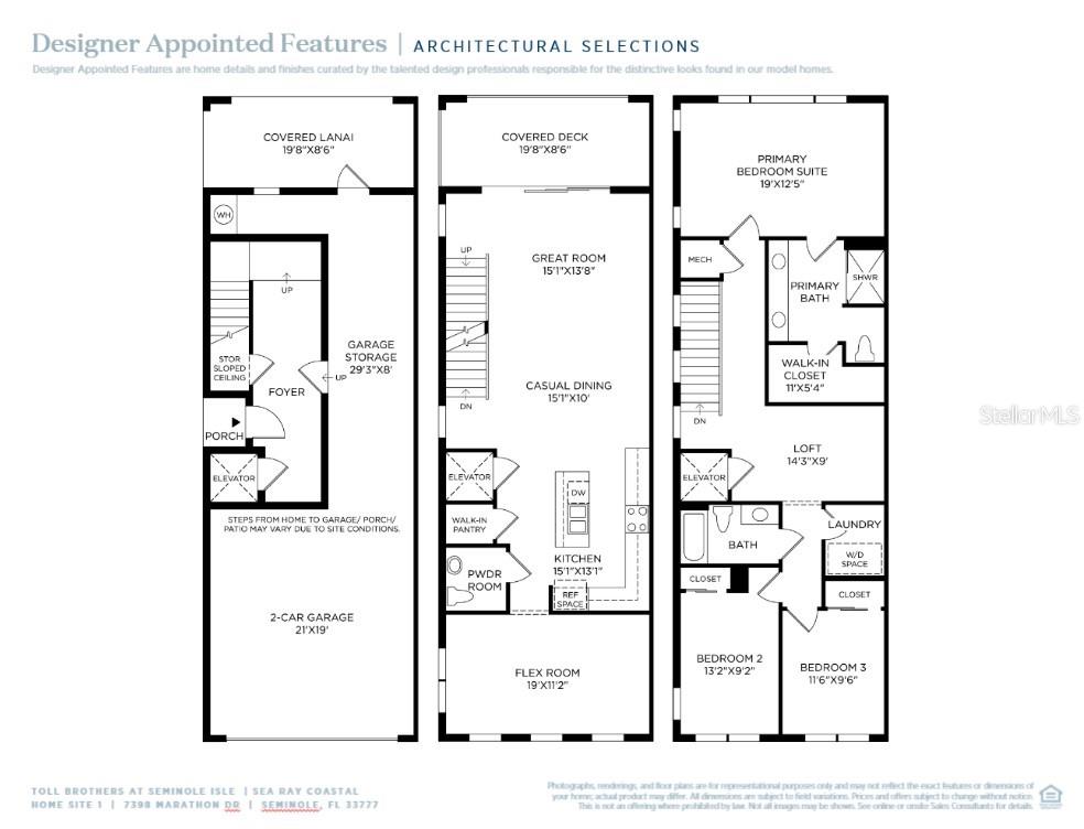 This floor plan shows a three-level home featuring a garage, elevator, and multiple bedrooms — 7398 MARATHON DRIVE, SEMINOLE, FL