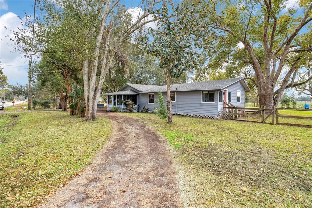A gray single-story house with a dirt driveway sits on a grassy lot with trees — 13713 WALDEN SHEFFIELD ROAD, DOVER, FL