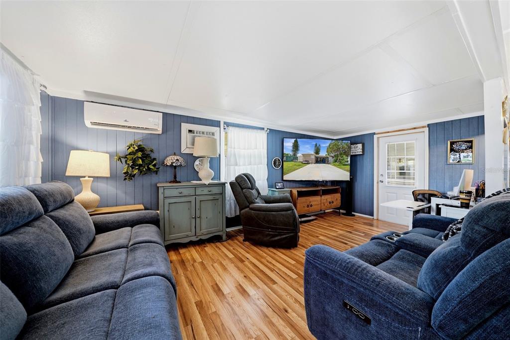 A living room features blue paneled walls, hardwood floors, two blue sofas, and a television — 6439 TOWER DRIVE, HUDSON, FL
