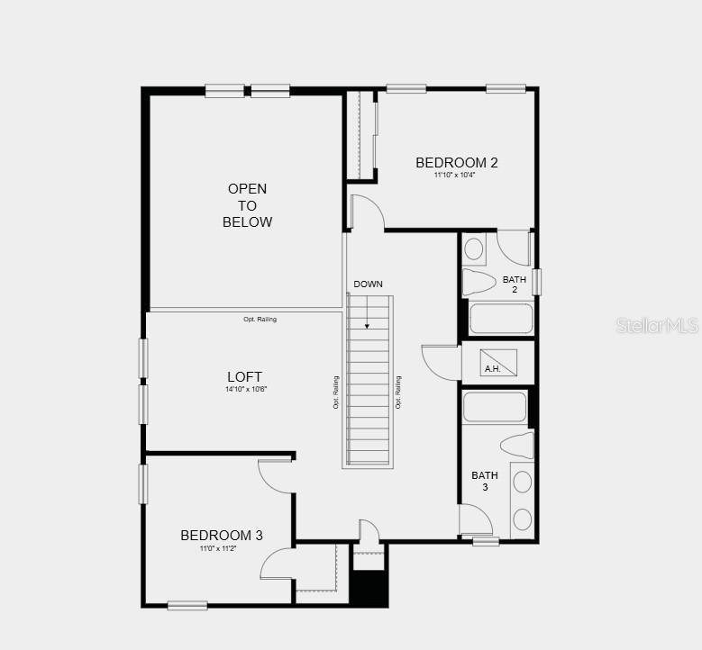 This is a floor plan of an upper level featuring a loft, two bedrooms, and two bathrooms — 735 STEEL DRIVE, APOLLO BEACH, FL