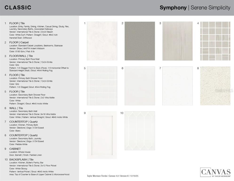 This design board displays various tile, carpet, countertop, and cabinet finish samples for a home — 735 STEEL DRIVE, APOLLO BEACH, FL