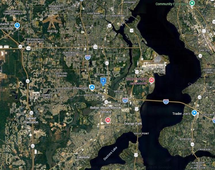 This is a satellite map showing the area surrounding Jacksonville, Florida — 6221 COLLINS ROAD, JACKSONVILLE, FL
