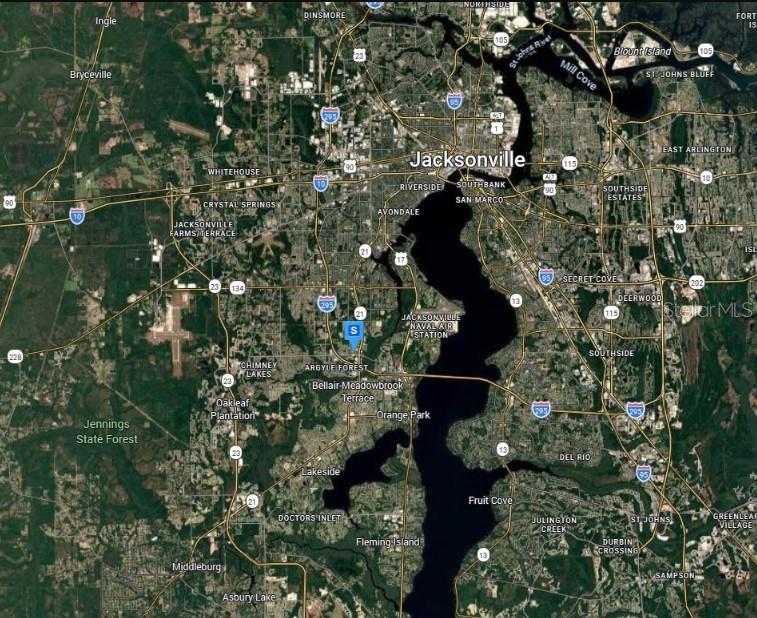 This is a satellite map showing the Jacksonville, Florida area with a location marker — 6221 COLLINS ROAD, JACKSONVILLE, FL