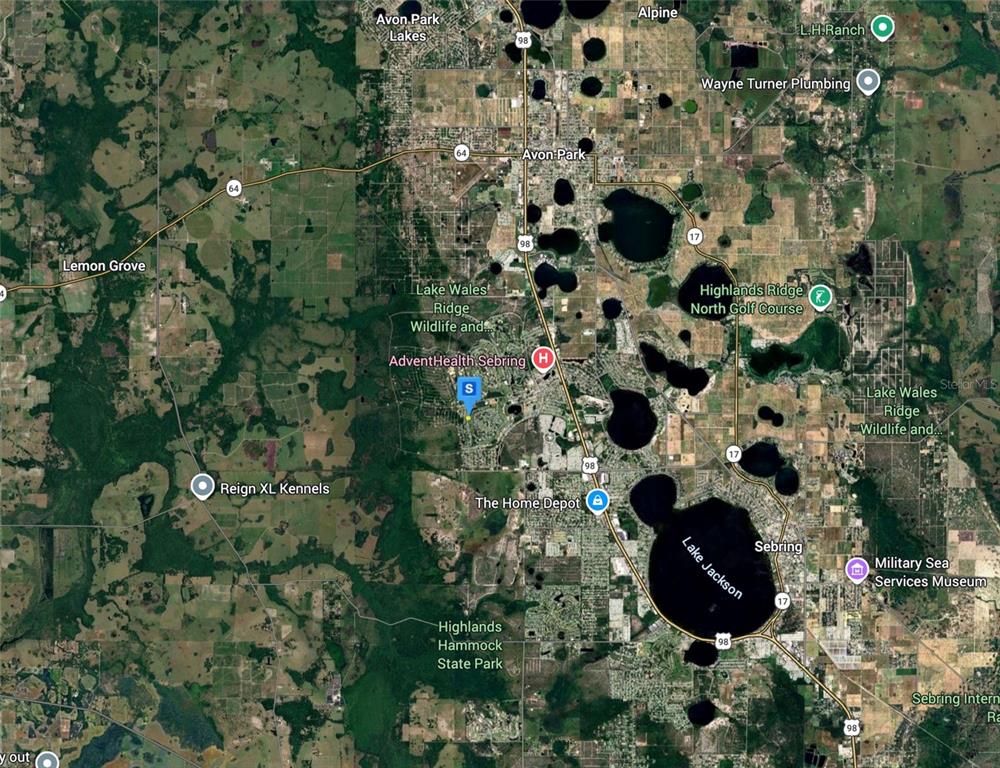 This is a satellite map showing the area around Avon Park and Sebring, Florida — 5016 MAGNOLIA PLACE, SEBRING, FL