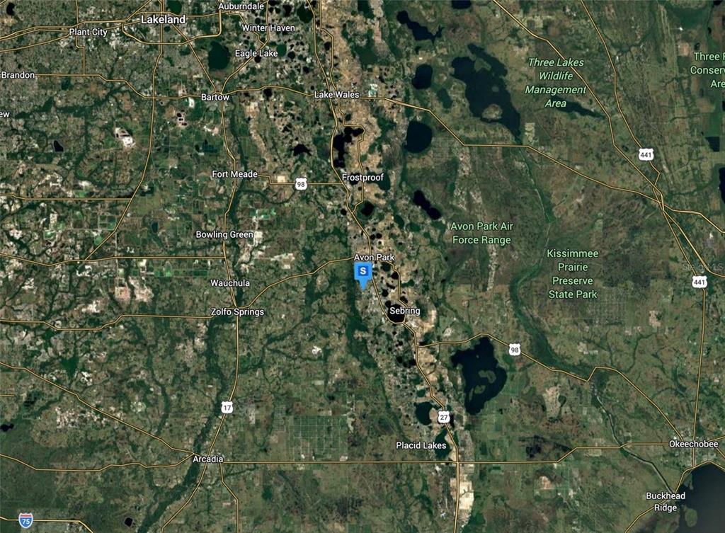 This is a satellite map showing the region surrounding Avon Park, Florida, and nearby towns — 5016 MAGNOLIA PLACE, SEBRING, FL