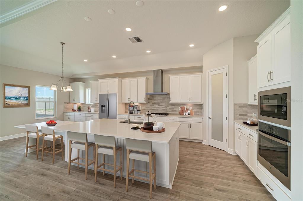 A modern kitchen features white cabinetry, a large central island, and stainless steel appliances — 9806 LEAF GREEN LANE, DADE CITY, FL